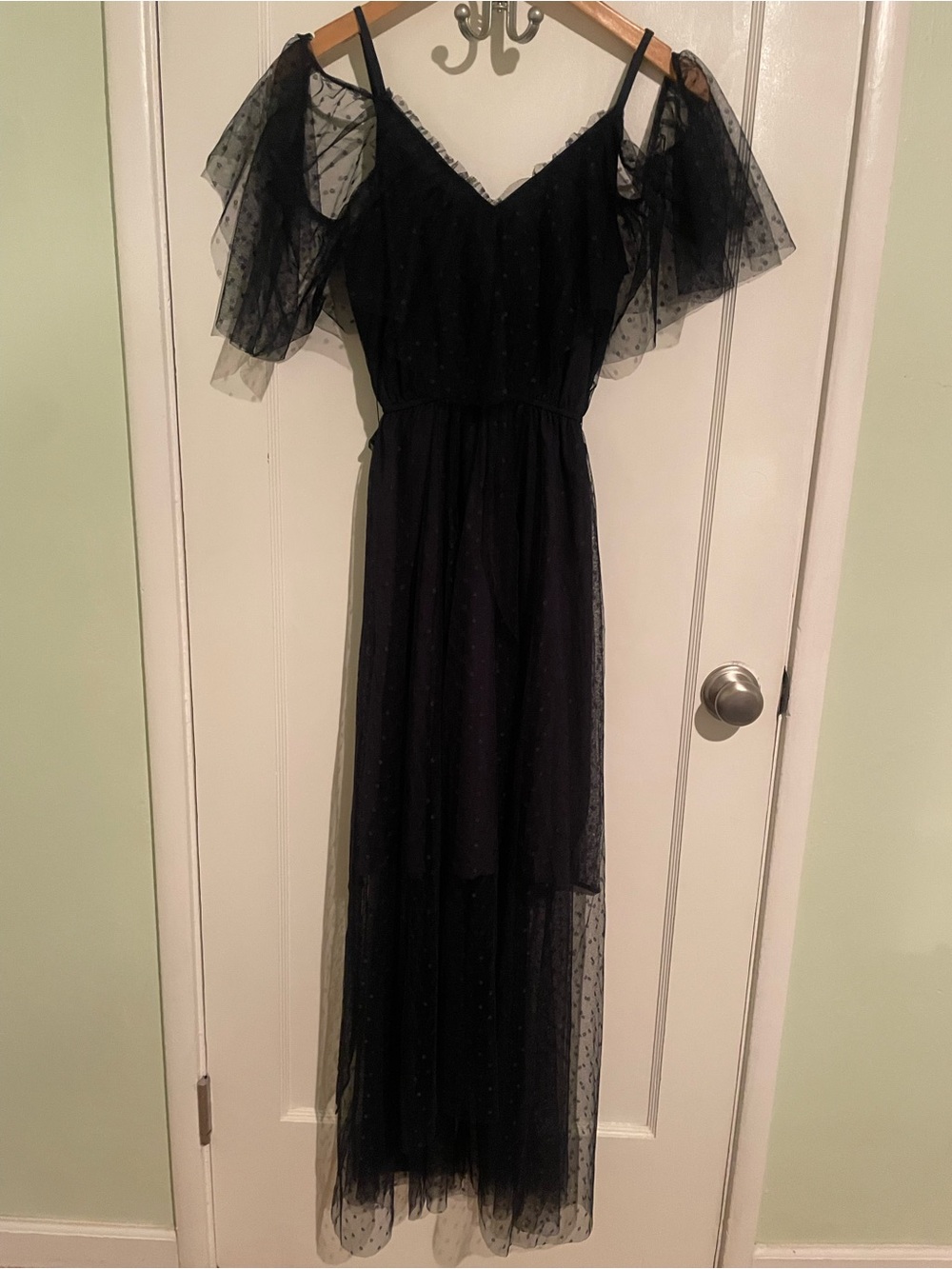 Navy Blue High-Low Spotted Mesh Dress - Picture 2 of 3